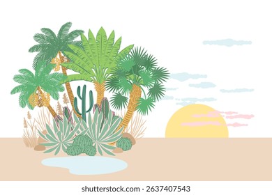 Oasis in the desert landscape. Summer background of designs palm tree, aloe, cacti, sun, mountains and desert landscape
