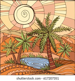 Oasis in the desert sand. Palm trees and a lake. Illustration can be used for cover, card, background for poster