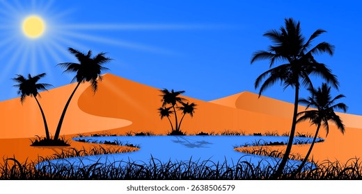 An oasis with dunes and palm trees in the Sahara Desert