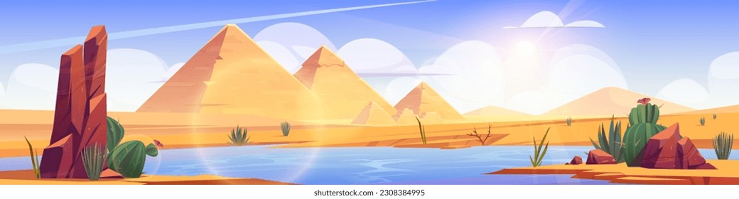 Oasis in Egypt desert cartoon vector background. Egyptian pyramid landscape illustration with Nile water in Africa. Calm lake in Sahara and sun beam light and cloud in sky summer panoramic design