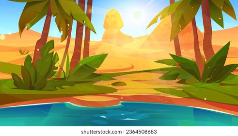 Oasis lake in sandy desert with sphinx statue. Vector cartoon illustration of small pond with blue water surrounded by green grass and exotic palm trees, dune landscape, hot sun shining bright in sky