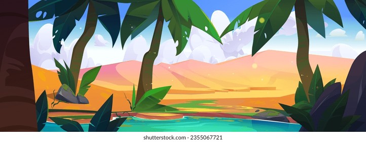 Oasis lake under palm trees in sandy desert. Vector cartoon illustration of african landscape with river, dunes, tropical forest, green plants and stones near water, cloudy sky, travel game background