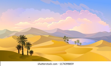 Oasis in the middle of the desert. Palm trees, pond and sands of Arabia