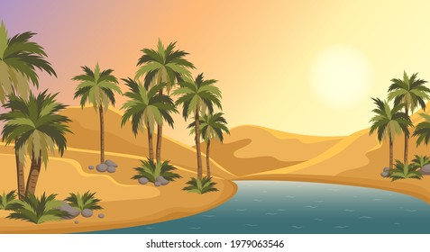 Oasis in the middle of the desert. Palm trees, pond and sands of Arabia. Egypt hot dunes with palm trees