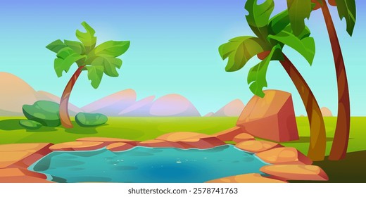 Oasis in the middle of the desert. Palm trees and water. Summer desert landscape. Vector cartoon