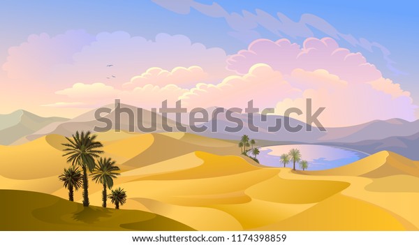 砂漠の真ん中のオアシス アラビアのヤシの木 池 砂 のベクター画像素材 ロイヤリティフリー