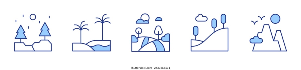 oasis, mountains, hill, forest. Landscape Icon vector illustration. Line Duotone style. Editable stroke.