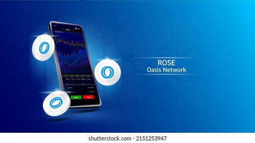 Oasis Network coin and Phone. App for trading crypto currency on the touch screen smartphone. Data analytics stock market. Trends and financial strategy. Mobile banking cryptocurrency. Vector 3d. 