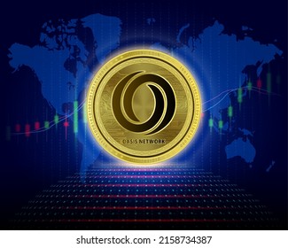 Oasis Network (ROSE) coin. 3D Vector illustration. Cryptocurrency blockchain (crypto currency) Future digital replacement technology. Silver golden virtual currency growth share chart is background.