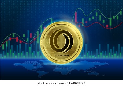 Oasis Network (ROSE) coin Cryptocurrency blockchain. List of variou coin symbol is background. Future digital replacement technology alternative currency. gold stock chart. 3D Vector illustration.