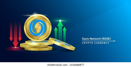 Oasis Network token cryptocurrency banner. Future currency on blockchain stock market with red-green arrows up and down. Gold coins crypto currencies. Banner for news on a blue background. 3D Vector.