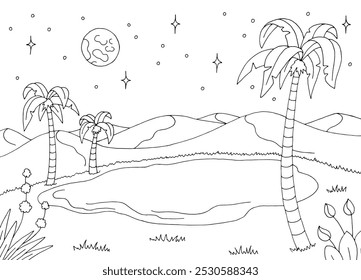 Oasis night desert graphic black white landscape illustration vector