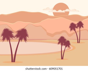 Oasis with palm trees. Desert. Vector illustration