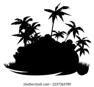Oasis with palm trees. Jungle rainforest. Nature landscape silhouette. Dense tropical thickets. Isolated on white background. Vector.