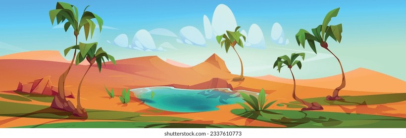 Oasis with palm trees and lake in desert. Summer landscape with sand dunes, water, green plants and grass. Nature panorama with oasis in desert, vector cartoon illustration