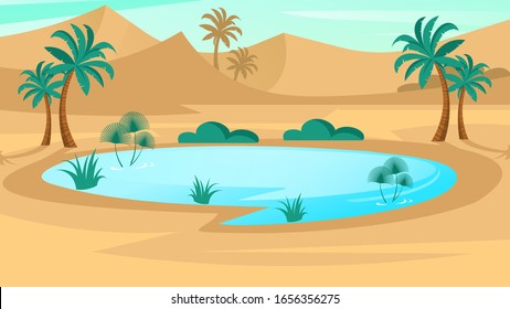 Oasis with sand dunes, blue lake and palms in desert. Landscape scene in flat design. Vector illustration .