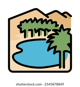 Ilustração de vetor de oásis em estilo cartoon, para turismo e férias.