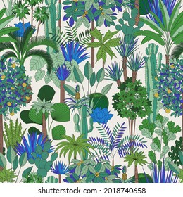 Oasis. Vector Seamless Pattern. Tropical Trees And Palms. Blue And Green. 