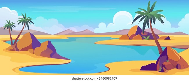 Oasis vista en el desierto Anuncio de fondo en diseño de dibujos animados. Espacio de arena seca con dunas y colinas, lago de agua azul con palmeras y piedras, horizonte de nubes en el cielo soleado del día. Vector ilustración de dibujos animados