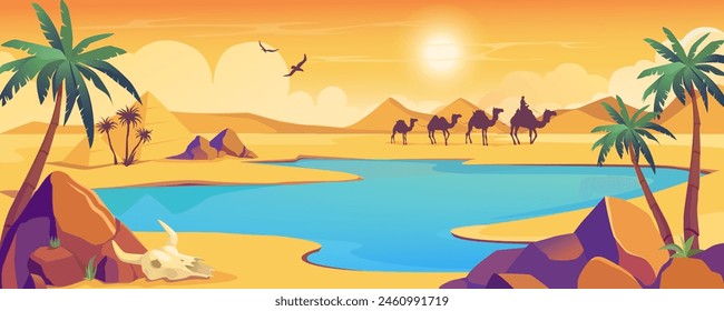 Oasis view in desert background banner in cartoon design. Dark silhouette of camel caravan, dry sand space with dunes and hills, blue water lake with palm trees and stones. Vector cartoon illustration