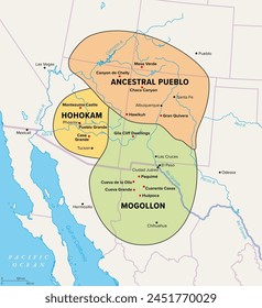 Oasisamerica, una región cultural de pueblos indígenas en América del Norte. Mapa político que muestra la extensión de tres grandes culturas dentro del suroeste americano y el norte de México con fronteras modernas.