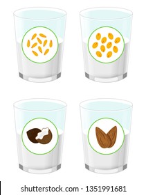 Oat, almond, soy and coconut milk. Glass of milk on white background