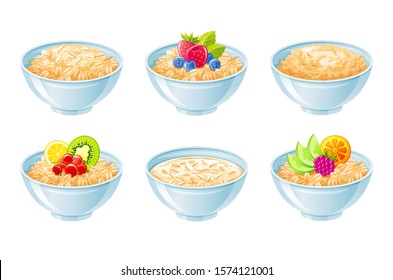 Cuenco de avena. Tasa de desayuno, avena de grano de avena con fruta, bayas, leche. Icono 3d realista. Caricatura estilo muesli, copo. Diseño de comida dulce saludable. Ilustración de vectores aislada en fondo blanco