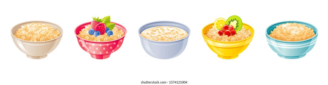 Cuenco de avena. Tasa de desayuno, avena de grano de avena con fruta, bayas, leche. Icono 3d realista. Caricatura estilo muesli, copo. Diseño de comida dulce saludable. Ilustración de vectores aislada en fondo blanco