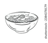 Oat bowl, porridge oatmeal vector illustration. Cereal sketch, healthy breakfast food - granola, muesli flakes with apple and nut. Oat meal vintage doodle icon set