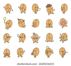 Oat cartoon characters with emotions and actions for cute educational healthy lifestyle snack themed designs in kawaii outline style