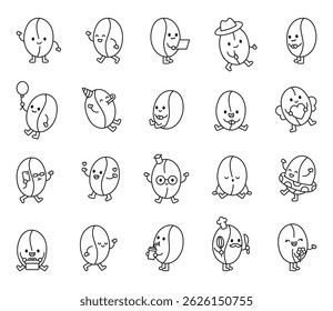 Oat cartoon characters with emotions and actions for cute educational healthy lifestyle snack themed designs in kawaii outline style