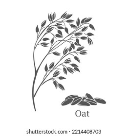 Oat cereal crop glyph icon vector illustration. Cut black silhouette botanic branch with sprig, flakes and seeds for cooking breakfast milk oatmeal, granola and muesli, agriculture plant and Oat text