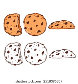 Oat cookie, bitten, whole vector coloring page for coloring book. Bake sweet dessert product for breakfast or lunch, hand drawn sketch
