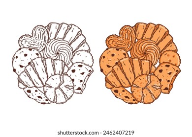 Oat cookie, puff pastry, croissant vector coloring page for coloring book. Bake sweet dessert product for breakfast or lunch, hand drawn sketch