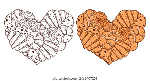 Oat cookie, puff pastry, croissant vector coloring page for coloring book. Love for bake sweet dessert product. Heart shape