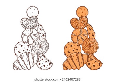 Galleta de avena, hojaldre, Vector de croissant para colorear página para colorear libro. Hornear postre dulce para el desayuno o el almuerzo, boceto dibujado a mano