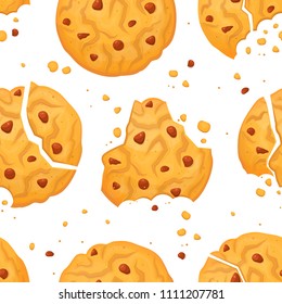 Oat cookie seamless pattern. Baked or cooked pastry, small, flat and sweet. Golden brown cookie bakery repeated decorative design, close up.