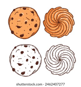 Oat cookie, shortbread vector coloring page for coloring book.  Bake sweet dessert product for breakfast or lunch, hand drawn sketch