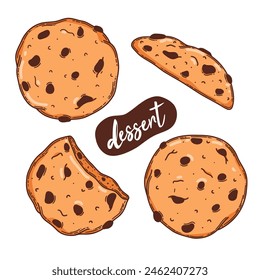 Oat cookie vector illustration. with chocolate crisps, cookies with crumbs, bitten and whole. Oatmeal sweet dessert biscuits.