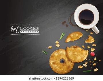 Hafenkekse, schwarzer Hintergrund mit Draufsicht auf Kaffee und Kekse und Beeren, Vektorgrafik