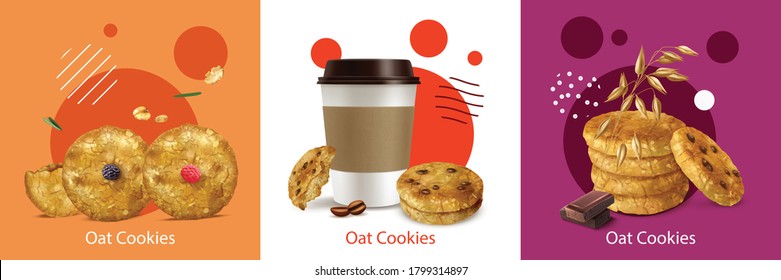 Oat cookies with chocolate berries and coffee realistic design concept isolated on colorful background vector illustration