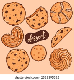 Galletas de avena con chispas de chocolate, hojaldre de azúcar, colección de repostería de pan corto. Dibujado a mano Vector dulce pastel ilustración