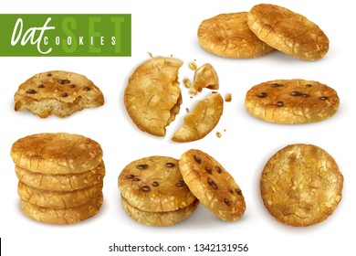 Oat cookies with chocolate crumbs realistic set of whole and crumble cooked pastry isolated vector illustration