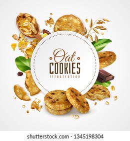Oat cookies frame illustration decorated green mint leaves and slice of chocolate realistic vector illustration