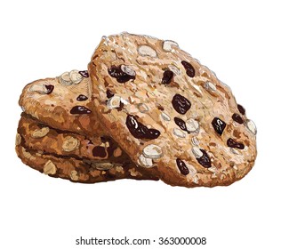 oat cookies with nuts and raisins on white background