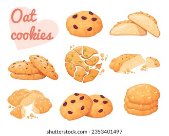 Oat cookies. Oats crunchy isolated cookie with crumbles piece, oatmeal dessert sugar raisin for tea, wheat biscuit homemade cuisine chip cake, vector illustration of pastry cookie with chocolate