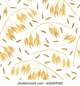 Oat ears of grain and bran isolated on white background. Golden spike. Side view. Close up. seamless pattern vector. For cooking, food design, cosmetics, diet, medicine, health care, ointments,