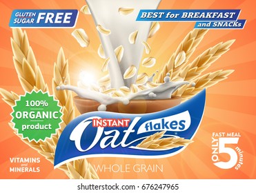 Oat flakes advertising flyer vector illustration with big milk splash. High quality oatmeal art for ads broshure, poster or label design