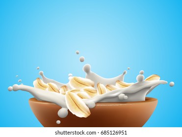 Oat flakes advertising flyer vector illustration with big milk splas. High quality art for ads broshure, poster or label design