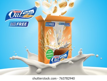 Oat flakes advertising poster with oatmeal box and big splash of pouring milk vector realistic illustration